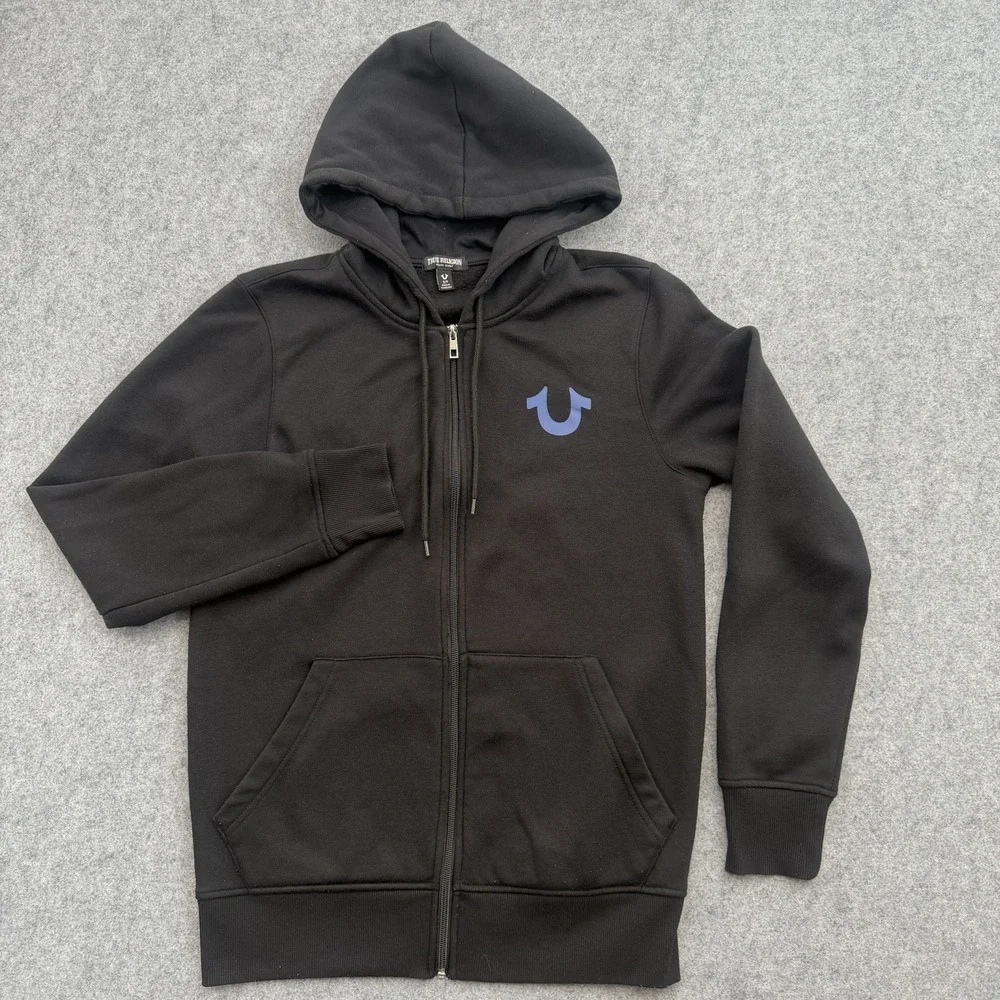 True Religion Mens Small Black Zip Hoodie Retro Stud Buddha Graphic Back 700437